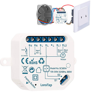 micromódulo interruptor blanco LoraTap con esquema de montaje