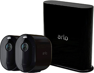 Dos cámaras de vigilancia exterior Arlo negras y SmartHub negro