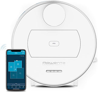 Robot de limpieza blanco Rowenta con un teléfono móvil