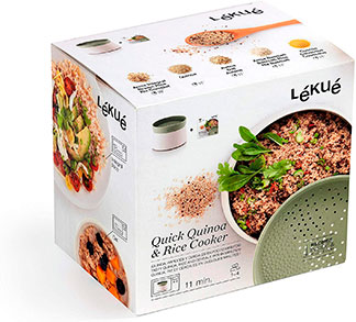 Una caja blanca conteniendo un recipiente para cocción de alimentos