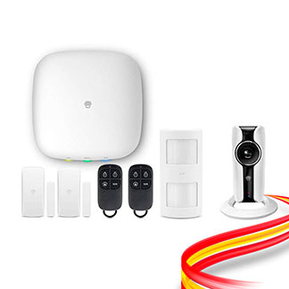 Sistema de seguridad de alarma sin cuotas y sus distinto elementos en color blanco