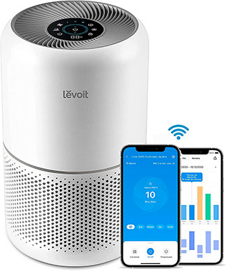 levoit-purificador purificador de aire blanco Levoit juntos dos smartphones