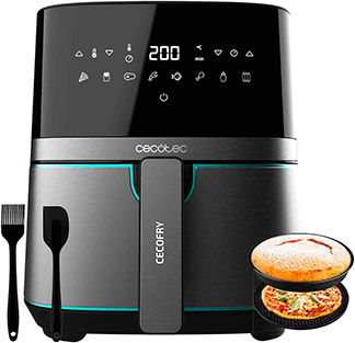 freidora-cecotec-inoxblack freidora sin aceite Cecotec gris con accesorios