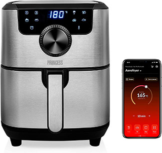 freidora de aire princess digital smart plateada con smartphone