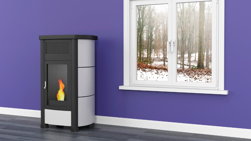 calefaccion-pellets estufa de pellets en la habitación junto a la ventana