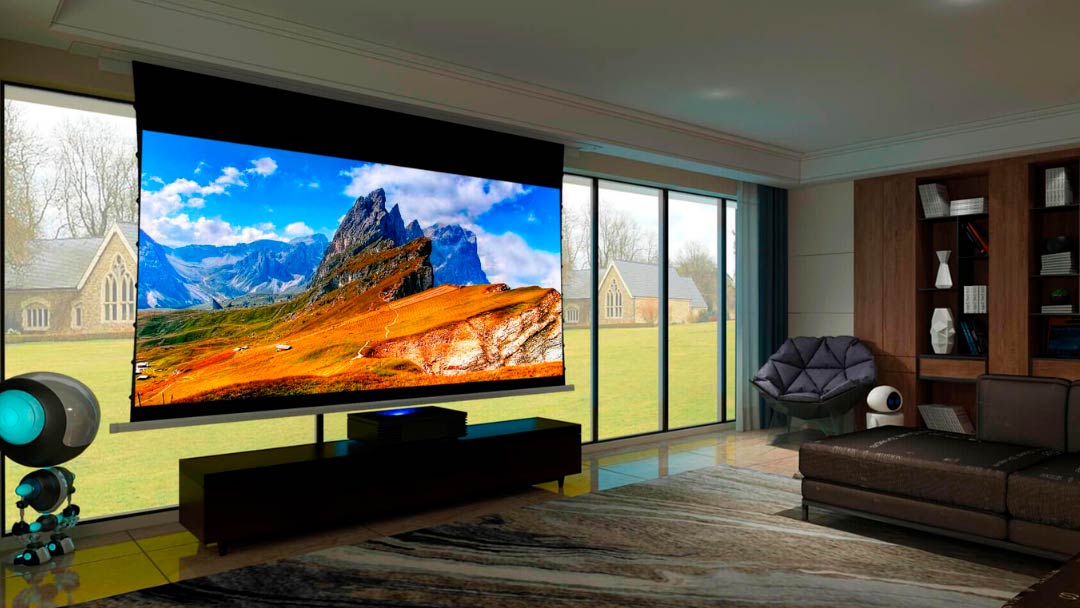 pantalla-proyector pantalla para proyector en el salón con vistas al jardín