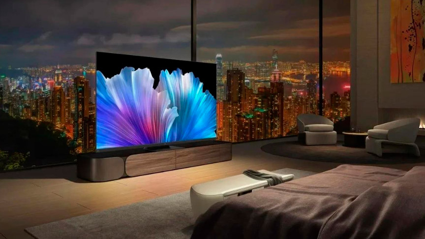 dolby-vision-iq-salon televisión fon formato Dolby Vision IQ en el salón con vistas a la ciudad