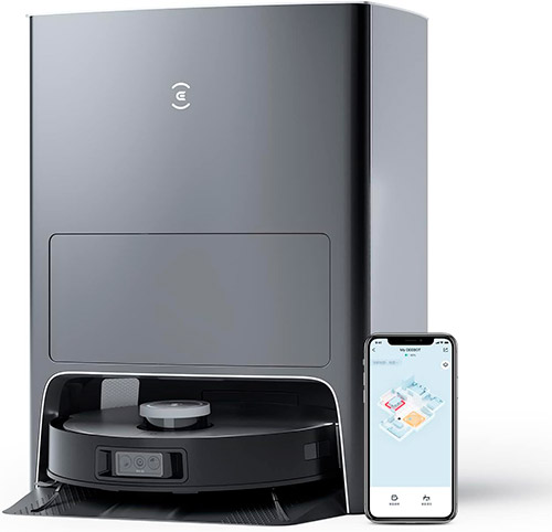 robot aspirador ecovacs X1 omni con estación negro y smartphone