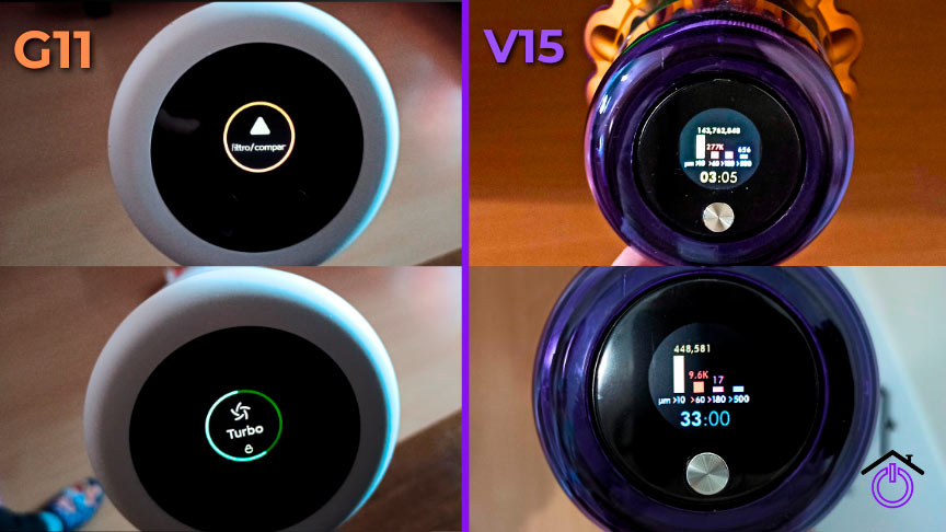 pantallas-v15-vs-g11 comparando pantallas aspiradoras escoba sin cable Dyson V15 vs Xiaomi G11