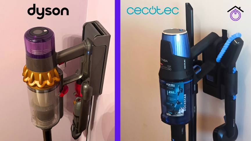 carga-baterias-dyson-conga aspiradoras sin cable Dyson V15 y Conga Rockstar 8500 cargándose en sus estaciones de carga
