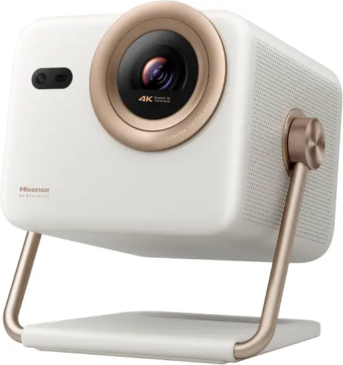 proyector hisense portáil con pie en blanco y dorado