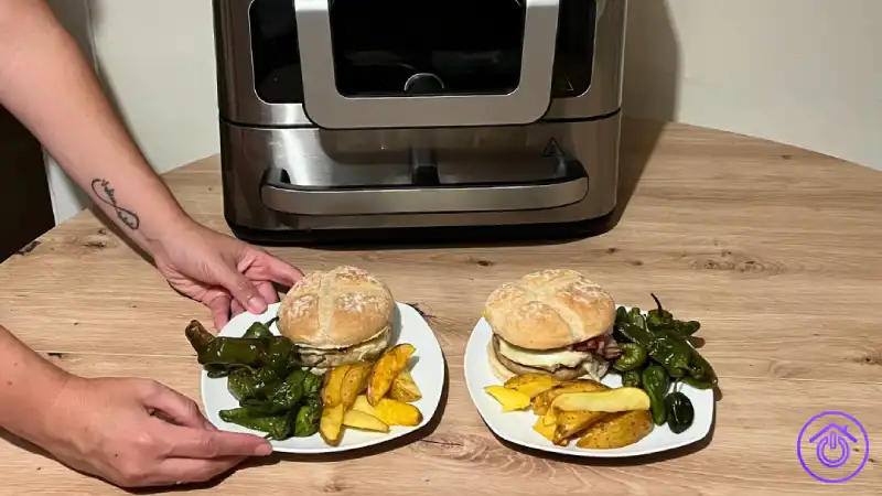 Silvia sirviendo hamburguesas con patatas y pimientos preparadas en la freidora Cecofry FoodCourt